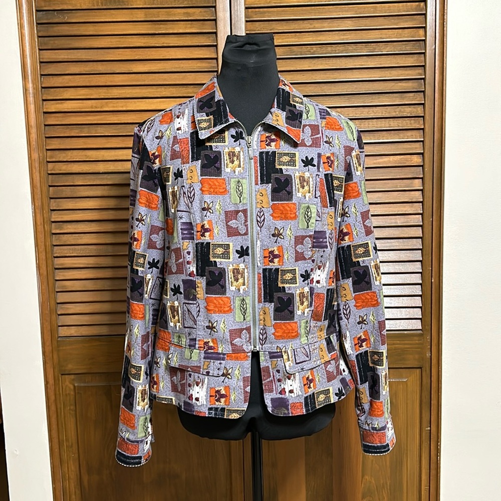 Christopher & Banks Vintage Fall Leaf Pattern Full Zip Peplum Jacket Size L